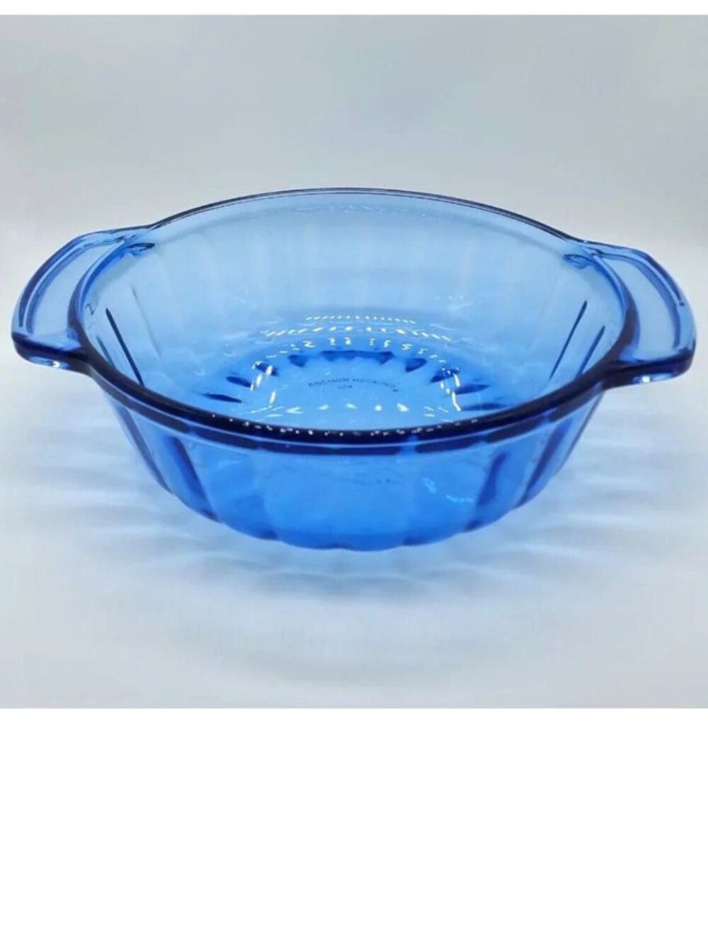 Vintage Anchor Hocking 1.5Qt Blue Fluted Round Casserole Dish with Handles